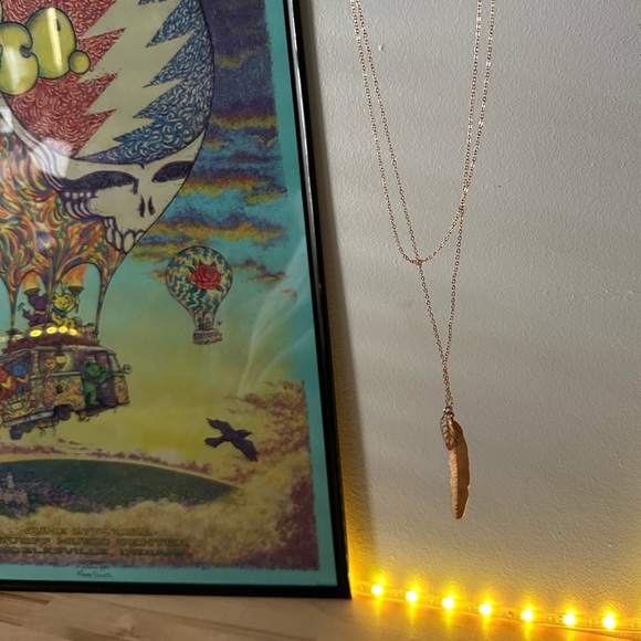 NWOT Long Gold Double Chained Feather Necklace - Picture 2 of 5